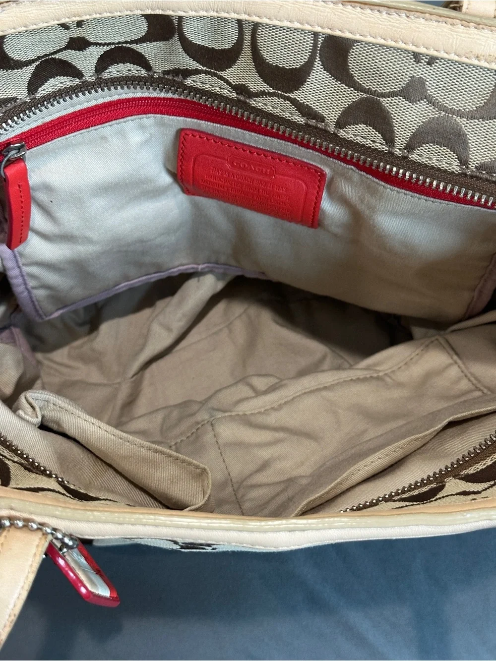 Coach Legacy Weekend Signature Medium Zip Top Tote Khaki Canvas - Picture 7 of 12